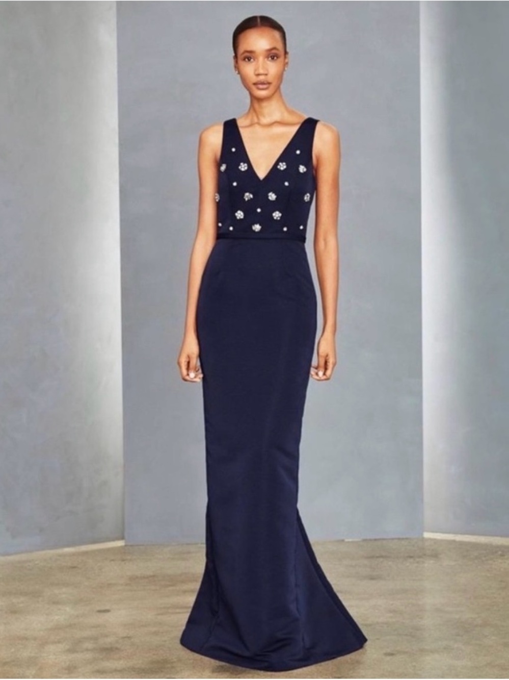 AMSALE Nia Crystal Embellished Dress Size 6 Navy BHLDN Gown